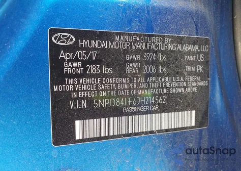 2018 Hyundai Elantra Sel z USA, uszkodzony, nr VIN 5NPD84LF6JH214562